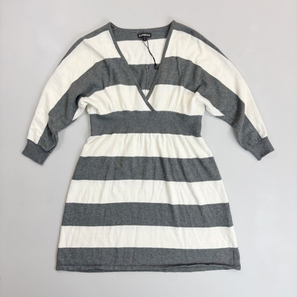 EXPRESS Striped Sweater Dress Small 3/4 Sleeve Banded Waist Y2K Cozy Girl Gray